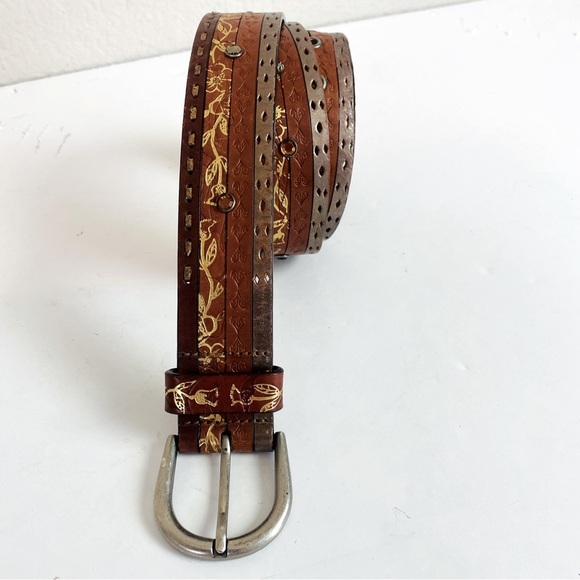 Fossil Brown Leather Tooled Rhinestone Studded Belt Size L - Picture 3 of 9